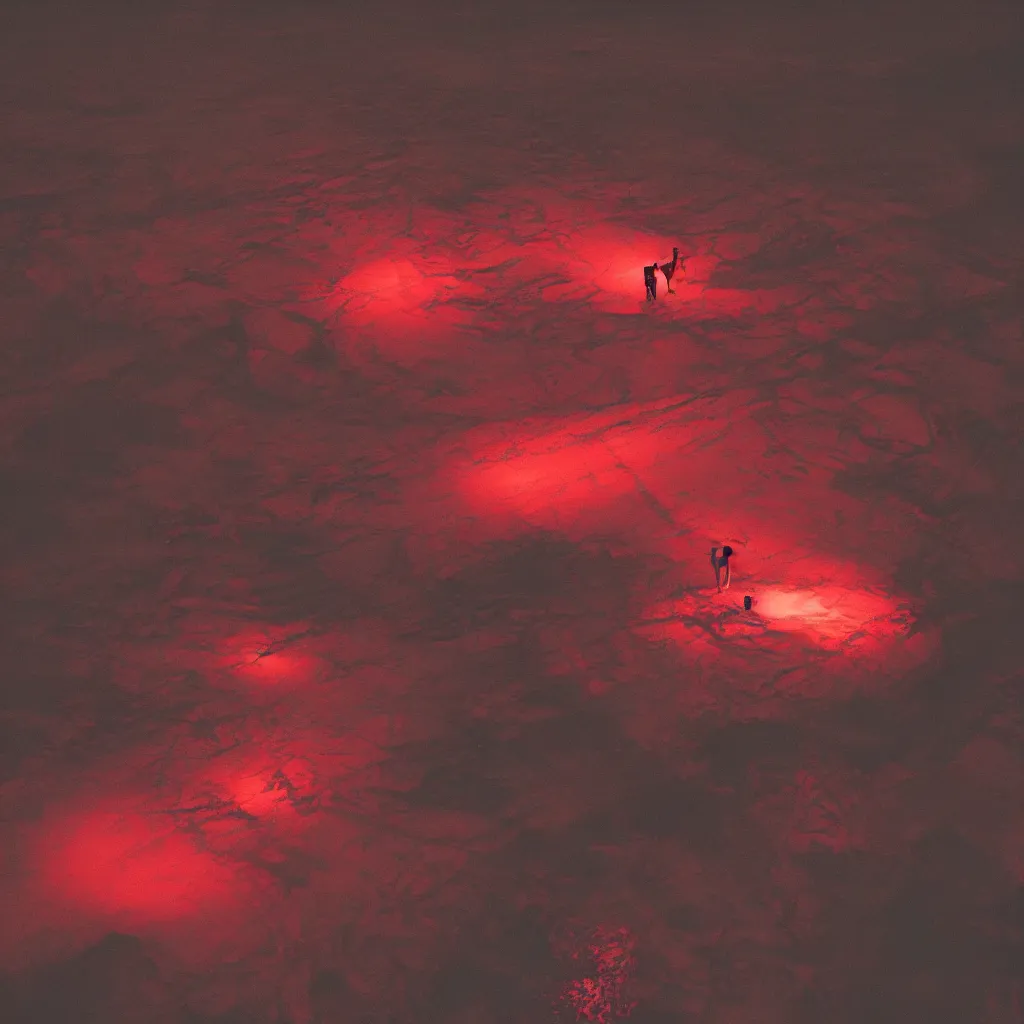 Image similar to rave in the red pond at night, light art, photo by reuben wu, jenni pasanen, epic composition, hd, octane, volumetric lighting, masterpiece,