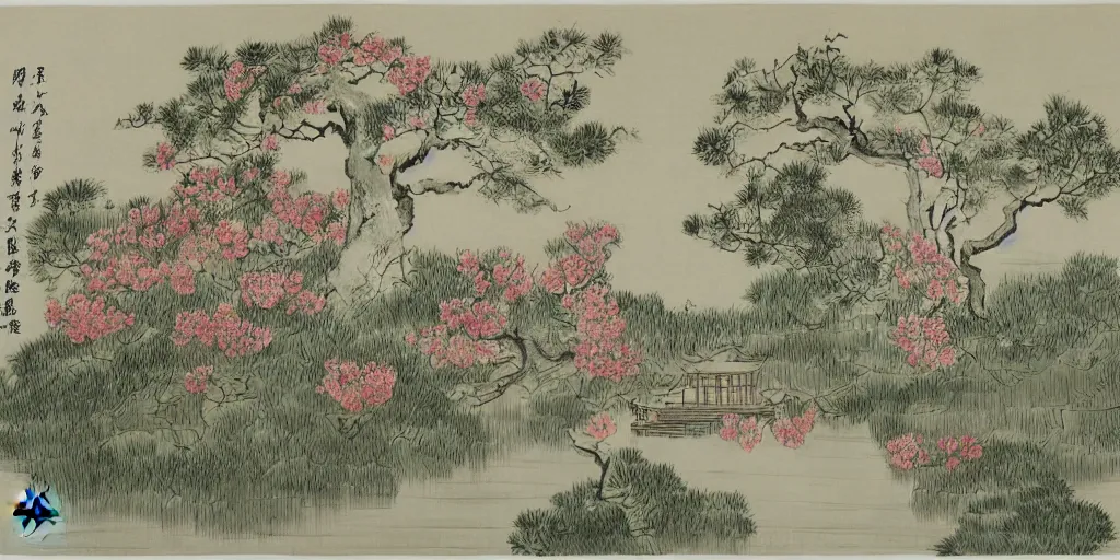 Image similar to summer manor with peony flowers and lake, chinese ink painting