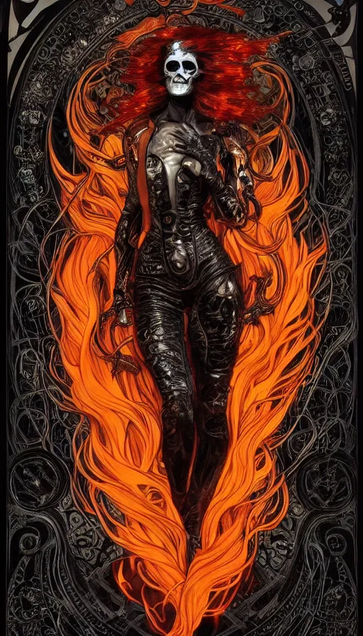 Prompt: a finely detailed beautiful!!! feminine cyberpunk ghost rider with skull face and long flowing hair made of fire and flames, dressed in black leather, by Alphonse Mucha, designed by H.R. Giger, legendary masterpiece, stunning!, saturated colors, black background, full body and head portrait, zoomed out to show entire image, trending on ArtStation
