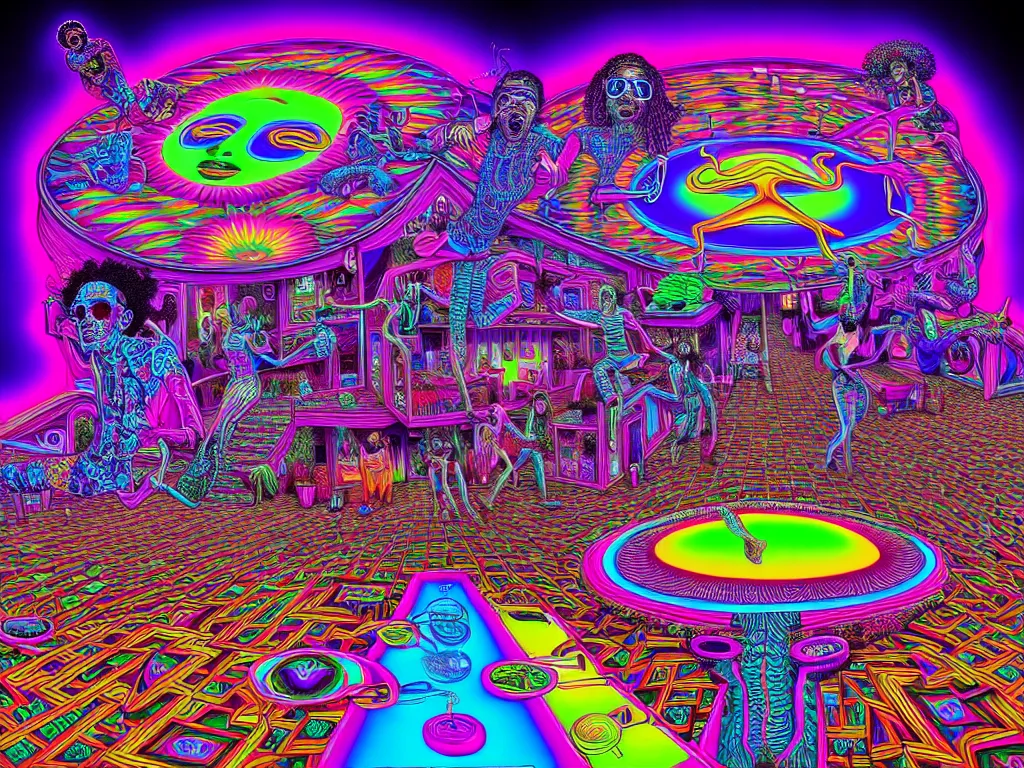 Image similar to house party, epic angle, happy, psychedelic, hip hop, surreal, neon, vaporwave, detailed, illustrated by Alex Grey, 4k