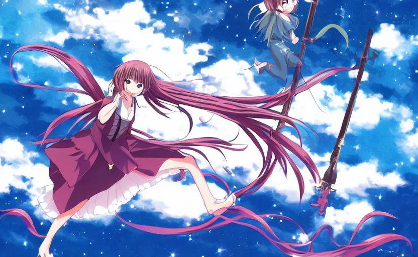 Prompt: an anime girl flying through the sky on a magical broomstick, manga art