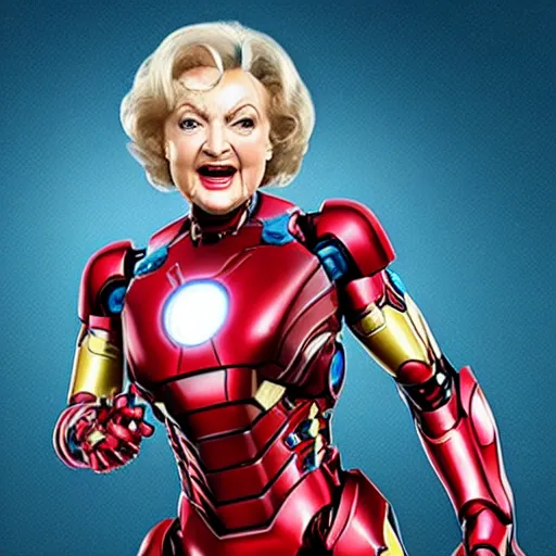 Image similar to promotional still of betty white as marvel's iron man [ film ], hero pose but shy, action, adventure, romance, imax 7 0 mm, 4 k