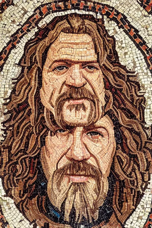 Image similar to intricate and beautifully arranged roman mosaic portrait of the dude from the big Lebowski in the style of a Persian carpet, 8k