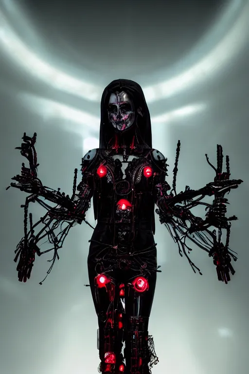 Prompt: full-body cyberpunk style sculpture of a young beautiful dark priestess, half android with a head opening exposing circuitry, glowing red eyes, black roses, flowing blood-red colored silk, fabric, candles, baroque elements, human skull, full-length view. baroque element, intricate artwork by Caravaggio. crows flying in background. Trending on artstation. octane render, cinematic lighting from the right, hyper realism, octane render, 8k, depth of field, 3D