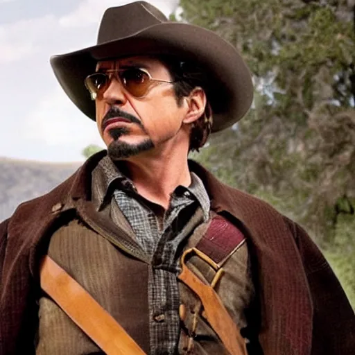 Image similar to robert downey jr as cowboy, an film still, cinematic