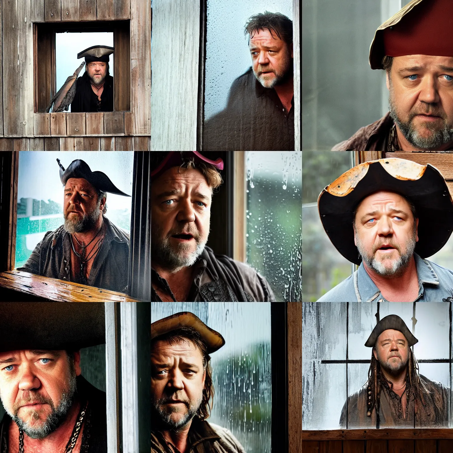 Prompt: russell crowe wearing a giant pirate hat behind a rainy dirty window and wooden wall peering out to the camera