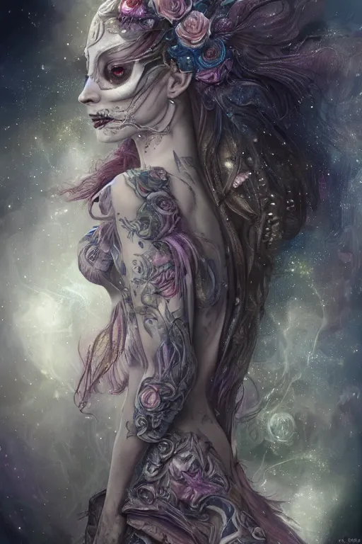 Prompt: a wlop 3 d render of very very very very highly detailed beautiful mystic portrait of a phantom undead ballerina with whirling galaxy around, tattoos by anton pieck, intricate, extremely detailed, flowing dress, digital painting, artstation, concept art, smooth, sharp focus, illustration, intimidating lighting, incredible art,