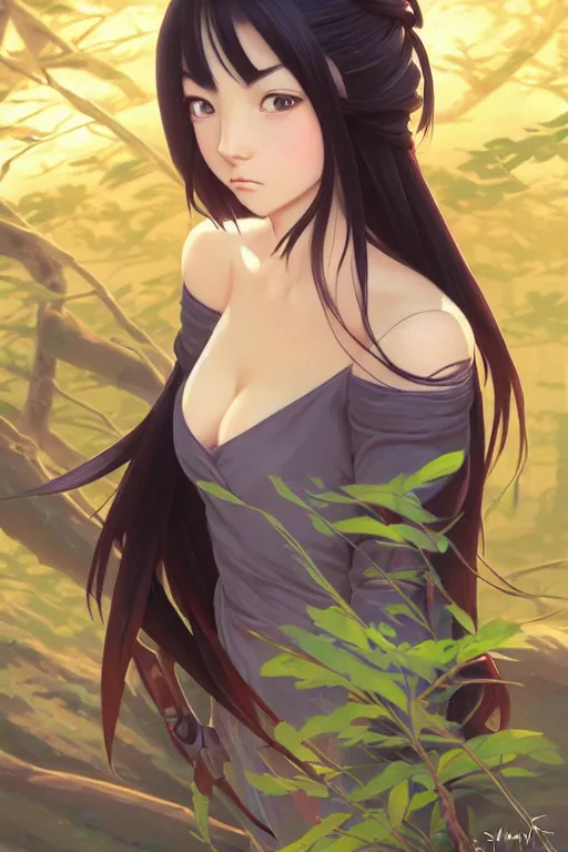 Image similar to a beautiful girl with long dark hair, wearing a ninja uniform, forest background, intricate, highly detailed, digital painting, artstation, official media, anime key visual, concept art, rich vivid colors, ambient lighting, sharp focus, illustration, art by Artgerm, Makoto Shinkai, Ilya Kuvshinov, Lois Van Baarle, and Rossdraws