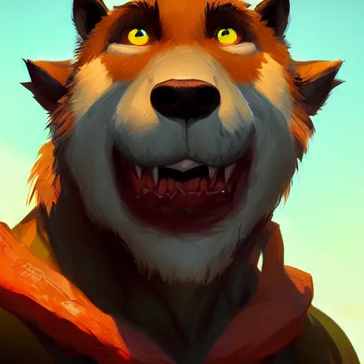 Image similar to Portrait of a Gnoll, mattepainting concept Blizzard pixar maya engine on stylized background splash comics global illumination lighting artstation lois van baarle, ilya kuvshinov, rossdraws