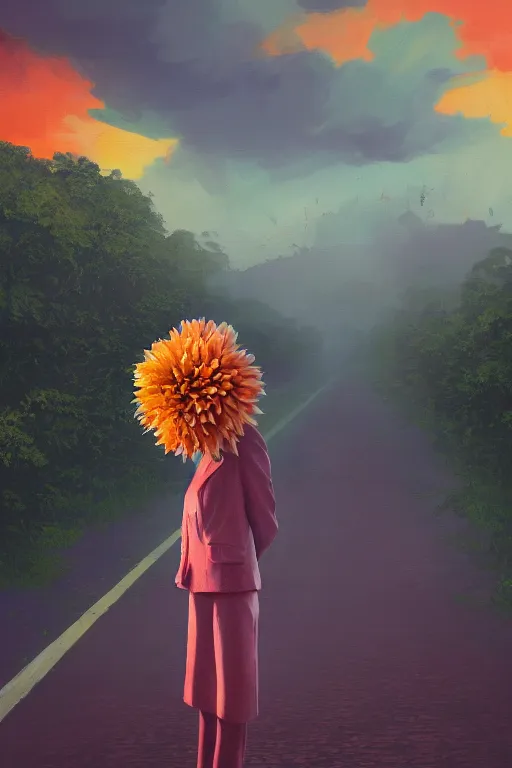 Image similar to closeup giant dahlia flower head, frontal, girl in a suit, standing in street, surreal photography, sunrise, dramatic light, impressionist painting, digital painting, artstation, simon stalenhag