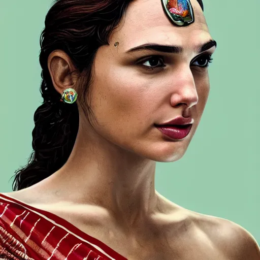 Prompt: gal gadot wearing assamese mekhela, background: assam tea garden, clear makeup, clean hair, dry skin, clear skin, airbrushed, bright eye makeup, beautiful feminine body, photo by mario testino, 8k octane render, ray traced, cinematic, hyper detailed, micro details, insanely detailed, trending on artstation, concept art
