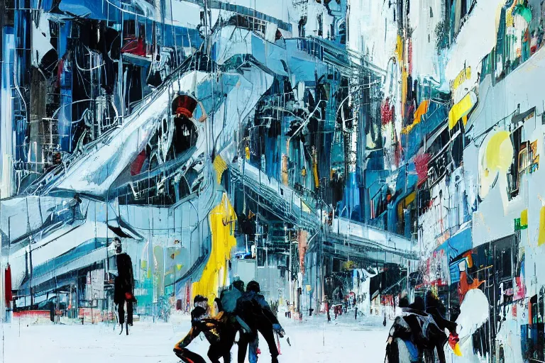 Image similar to winter, walls by john berkey, covered in graphitti of a winter goddess by banksy, basquiat, cleon peterson, dramatic cinematic lighting, manicured solarpunk greenery, high fashion futuristic people walk past