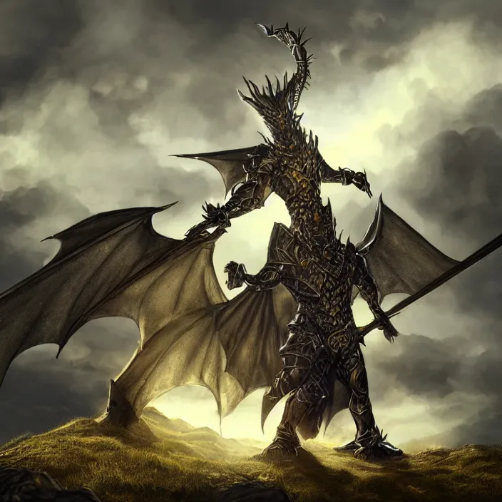 Image similar to photorealistic concept fantasy art of a dragon warlock, in a suit of dragon chain armor, raising his sword on a hill, dynamic lighting, sun ray, ray tracing, hyper realism