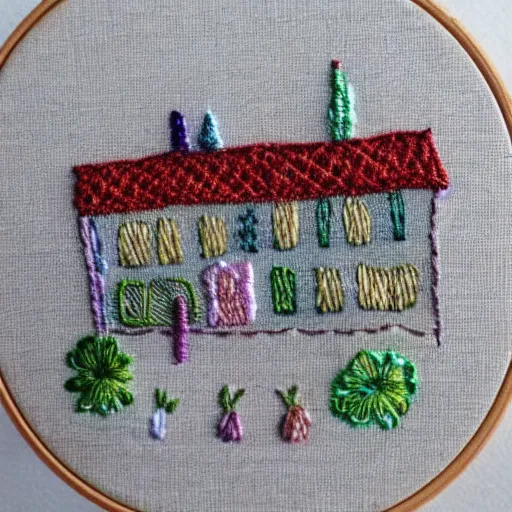 Prompt: a tiny beautiful handmade embroidery of a city. hand embroidery.