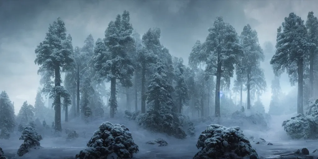 Prompt: A hyperrealistic concept art of a very beautiful blizzard in prehistoric civilization, lots of Giant sequoia trees, stunning massive ornately 3d render inspired art by Renato muccillo and Andreas Rocha and Johanna Rupprecht + symmetry + natural volumetric lighting, 8k octane beautifully detailed render, post-processing, highly detailed, intricate complexity, epic composition, magical atmosphere, cinematic lighting + masterpiece, trending on artstation