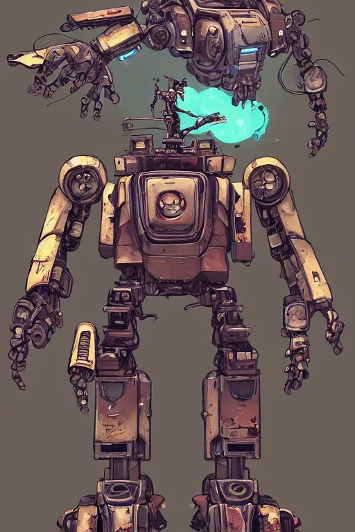 Image similar to a study of cell shaded portrait of a mech robot as Borderlands 3 concept art, llustration, post grunge, concept art by josan gonzales and wlop, by james jean, Victo ngai, David Rubín, Mike Mignola, Laurie Greasley, highly detailed, sharp focus, alien, Trending on Artstation, HQ, deviantart, art by artgem
