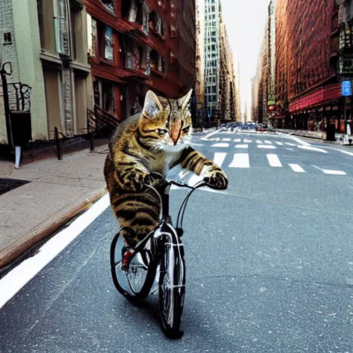 Prompt: a fuzzy cat riding a bicycle down the streets of new york city, photorealistic