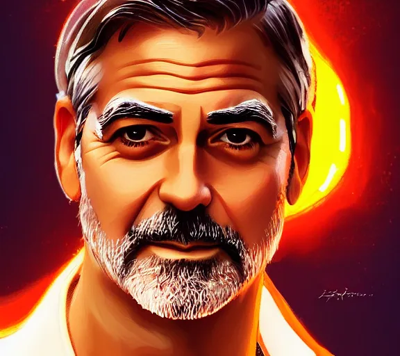 Prompt: portrait of george clooney, fire in eye, snow glow, pool party, highly detailed, digital painting, artstation, sharp focus, illustration, art by tan zi and ayanamikodon and alphonse mucha and wlop