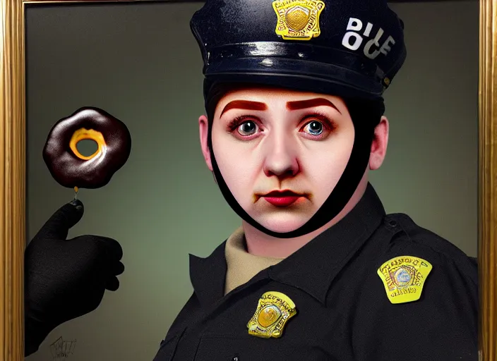 Image similar to a police officer with donut body, lowbrow, matte painting, 3 - d highly detailed, in the style of mark ryden,