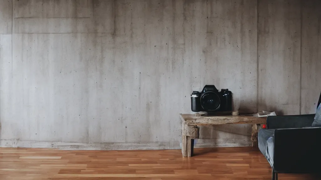 Image similar to dslr photograph of a living room, wooden floor, concrete wall