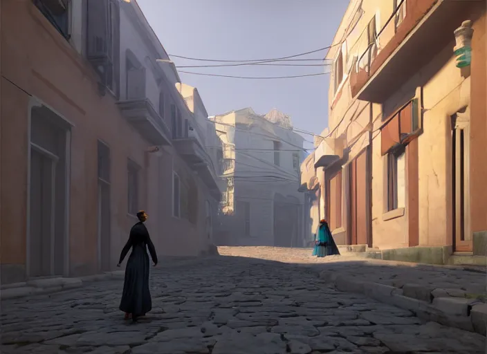 Image similar to a woman in a fed skirt walking the narrow streets of athens, painted by, mc escher, gordon onslow ford, georgia o'keeffe and ivan aivazovsky, cinematic light, god rays, colourful, unreal engine, zbrush central,