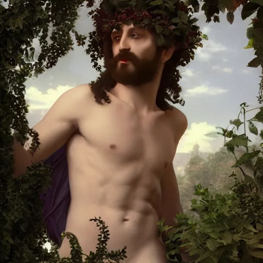 Prompt: god dionysus with leaves and grape in his hair, bouguereau, tom of finland, hyperrealistic, octane render