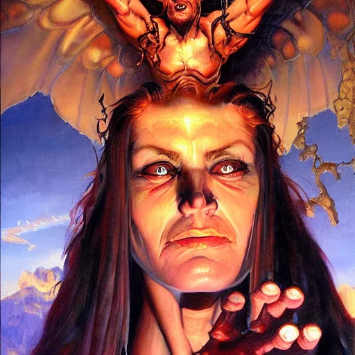 Image similar to detailed portrait of satan if he never fell from heaven lived intricate, hyper detailed, realistic, oil painting, by julie bell, frank frazetta, cinematic lighting