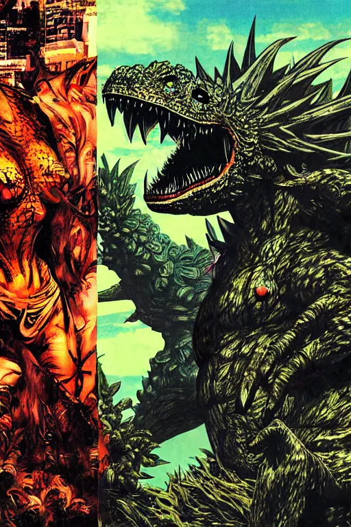 Prompt: adam and eve versus godzilla, gta smooth painting, illustration, torn cosmo magazine style, concept art, pop art style, art by yoji shinkawa, ayami kojima, tetsuya nomura, bob rafei