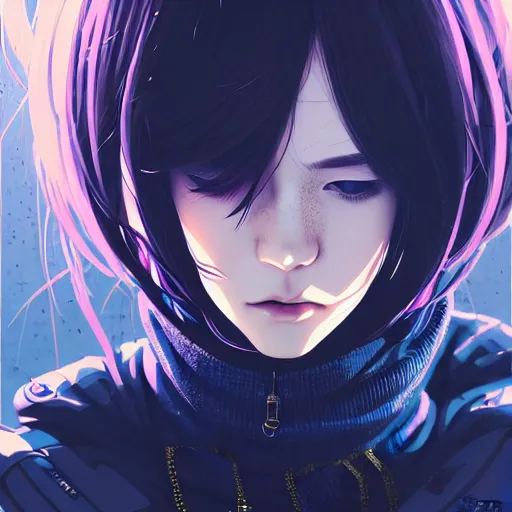 Image similar to by kyoto animation, cool girl wearing cyberpunk intricate streetwear, beautiful, detailed symmetrical close up portrait, intricate complexity, in the style of artgerm and ilya kuvshinov, cell shaded, 4 k, concept art, by wlop, krenz cushart, greg rutkowski, pixiv. cinematic dramatic atmosphere, cinematic lighting, studio quality