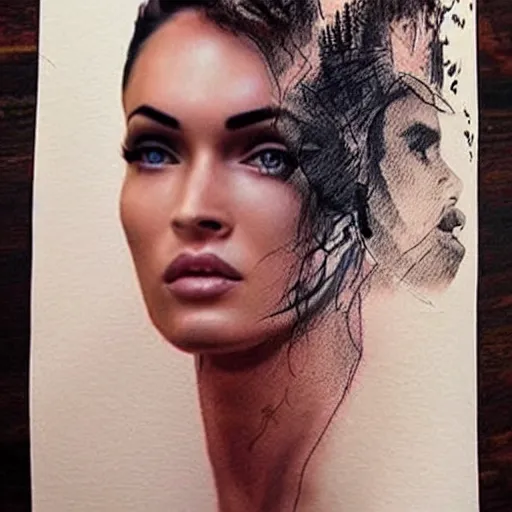 Image similar to realistic tattoo sketch of megan fox face professional double exposure effect with beautiful mountain scenery, in the style of matteo pasqualin, amazing detail, sharp, faded