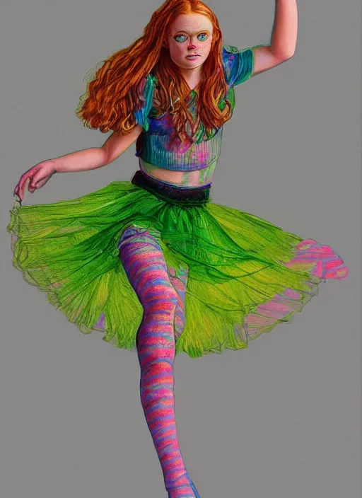 Image similar to surrealism psychedelic full body portrait sketch of sadie sink as delirium of the endless in fishnet top and rainbow tutu skirt from the sandman, floating goldfish, green and blue eye heterochromia by alex ross, josh kirby, detailed, elegant, intricate