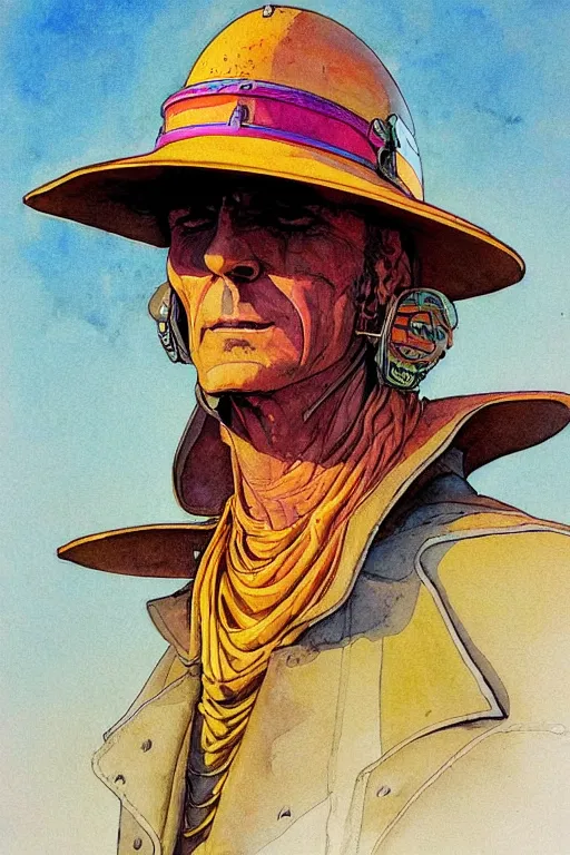 Prompt: portrait of fantasy emu rider with hat, scifi, art by jean giraud, moebius, juan gimenez, in watercolor gouache detailed paintings, in style of syd mead, colorful comics style, artstation