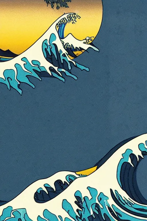 Image similar to Patrick Nagel Poster Illustration of The Great Wave off Kanagawa, sunset in the background