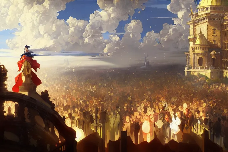 Image similar to baroque oil painting of anime key visual concept art of king addressing nation from balcony as artillery rains down from above, golden rays, fantasy european castle, trending on artstation, palette knife and brush strokes, oil on canvas, style of makoto shinkai greg rutkowski studio ghibli genshin impact