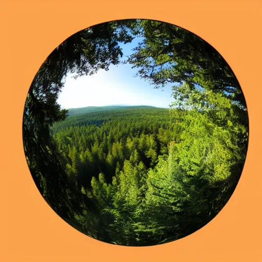 Prompt: photo of a tree on a forest landscape, fisheye lens,