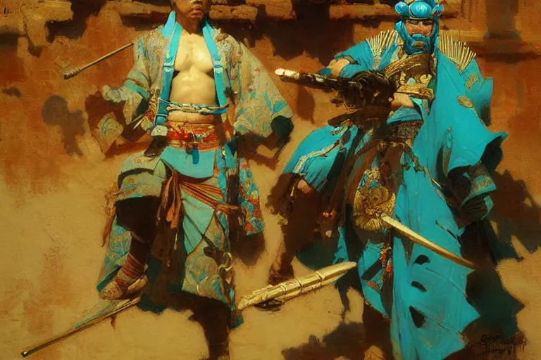 Image similar to turquoise samurai painting by gaston bussiere, craig mullins, j. c. leyendecker