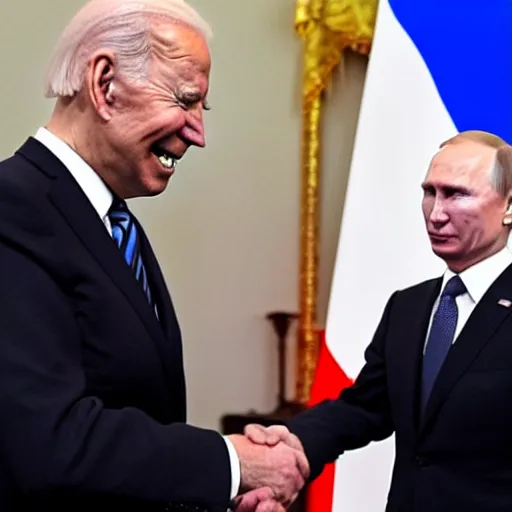 Prompt: biden and putin handshacking each other with a painful face