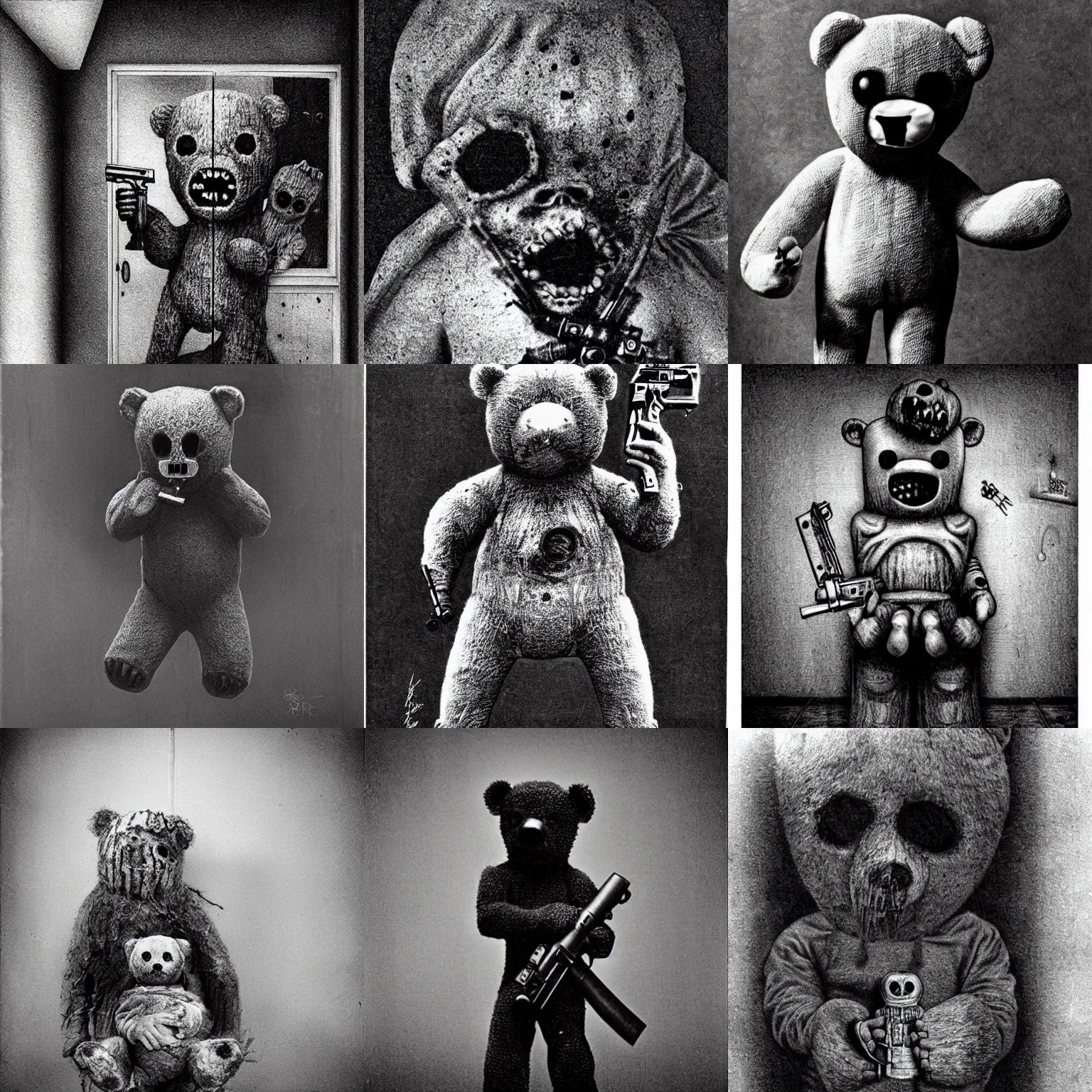 Prompt: found footage spooky horror teddy bear robbing your house with a gun and mask b & w grainy creepy, by zdizslaw beksinski, h. r. giger