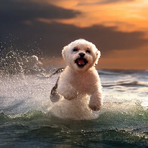 Image similar to a closeup photorealistic photograph of a cute smiling tiger bichon puppy splashing in the surf during sunset. professional capture, well lit shot. this 4 k hd image is trending on artstation, featured on behance, well - rendered, extra crisp, features intricate detail, epic composition and the style of unreal engine.