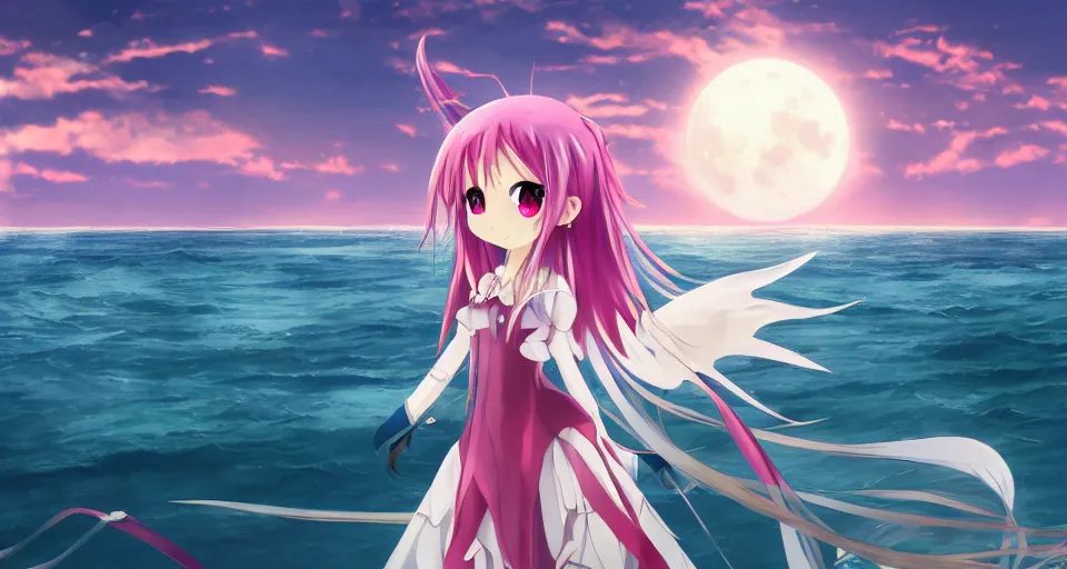 Image similar to one anime girl based on Puella Magi Madoka Magica on a pier with the ocean as background at twilight, her blue eyes are looking at the camera, cute, big moon above the water, colorful, magical, detailed face, 8k