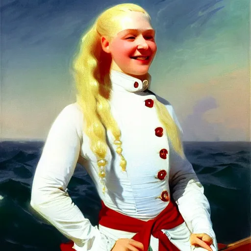 Prompt: painting of a muscular albino female sailor woman with broad shoulders, flowing white hair, and a confident smile, naval uniform, on a boat at sea. painting by john singer sargent and ivan aivazovsky, 4 k hd artstation