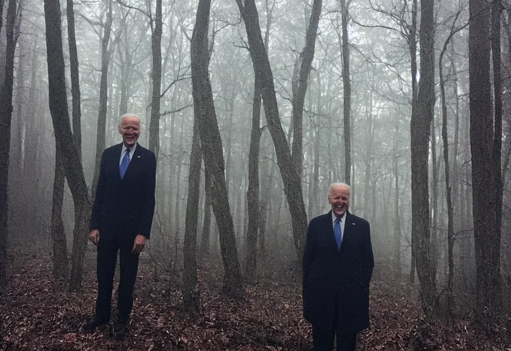 Prompt: low quality iphone photo of joe biden standing ominously deep in the foggy woods with a demonic smile in his face, low visibility creepy