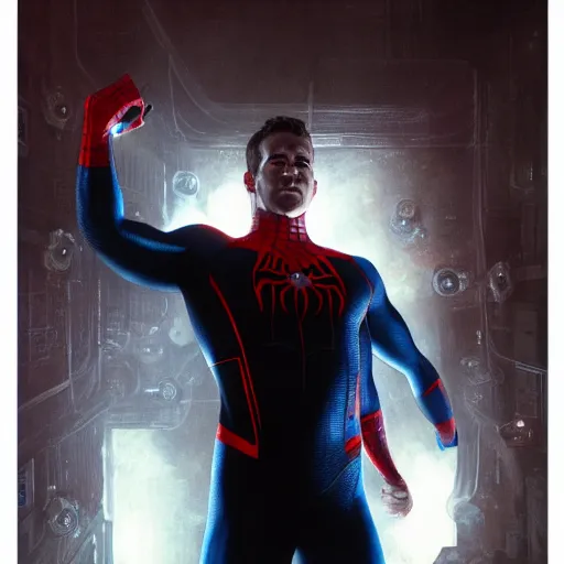 Image similar to ryan reynolds as a black and blue suit spider - man, cinematic, volumetric lighting, f 8 aperture, cinematic eastman 5 3 8 4 film, photorealistic by greg rutkowski, by stanley artgerm, by alphonse mucha