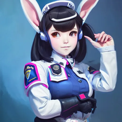 Prompt: Stunning Portrait of Bunny Ears D.VA from Overwatch wearing a police uniform by Kim Jung Gi, holding handcuffs in one hand Blizzard Concept Art Studio Ghibli. oil paint. 4k. by brom, Pixiv cute anime girl wearing police gear by Ross Tran, Greg Rutkowski, Mark Arian, soft render, octane, highly detailed painting, artstation