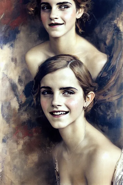 Image similar to emma watson smiling closed eyes detailed portrait painting by gaston bussiere craig mullins j. c. leyendecker photograph by richard avedon peter lindbergh