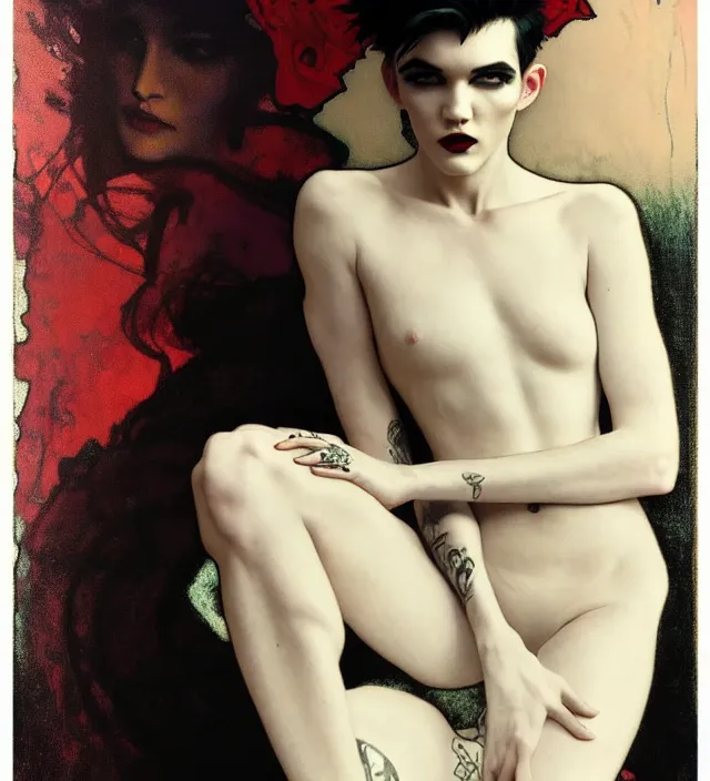 Image similar to stunning portrait of highly details androgynous ruby rose as desire from sandman, rockabilly style, by ego shield, by alphonse mucha, by jeremy mann, by peter lindbergh, dave mckean, by maurice sapiro, by frank moth, white suit and black tie, soft lightning, high detailed, 8 k