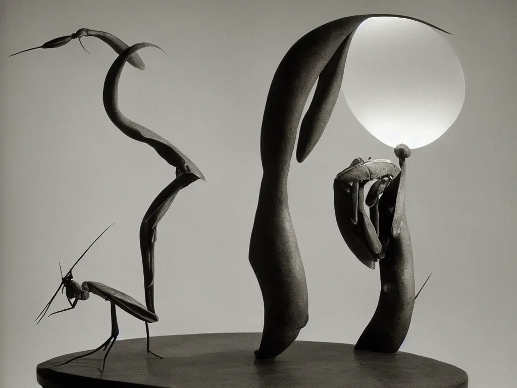 Image similar to round brutalist stone table lamp in the shape of praying mantis, lily. karl blossfeldt, salvador dali