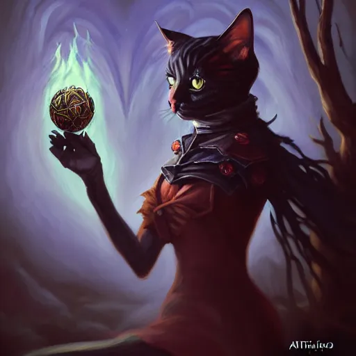 Prompt: Oil Painting of Cat Witch, Anthropomorphized, evil, magic the gathering artwork, horror, D&D, fantasy, cinematic lighting, centered, symmetrical, highly detailed, digital painting, artstation, concept art, smooth, sharp focus, illustration, volumetric lighting, epic Composition, 8k, art by Akihiko Yoshida and Greg Rutkowski and Craig Mullins, oil painting, cgsociety