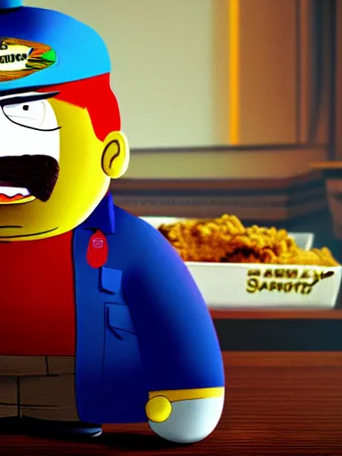 Image similar to highly detailed portrait of scarface as cartman from south park, holding a bucket of kfc, a line of gravy on the desk in front of him, global illumination, flat light, detailed and intricate environment