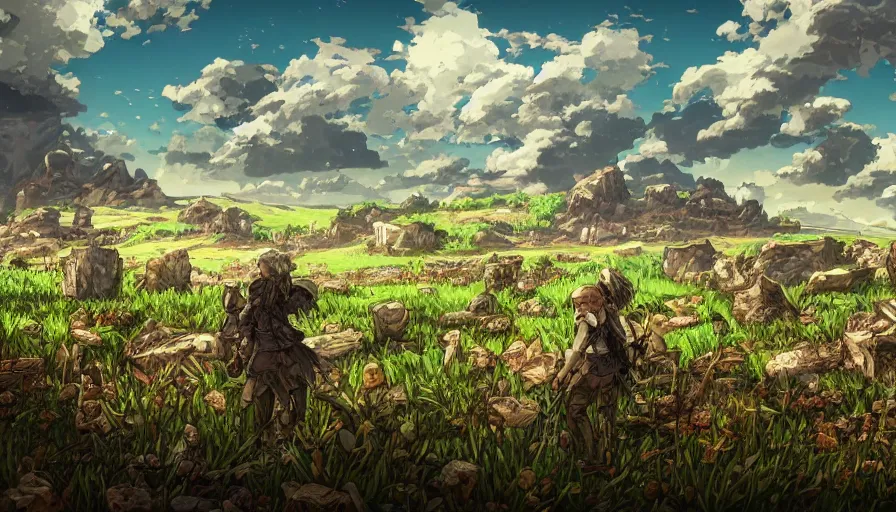 Prompt: the beautiful, chilling, mundane view of a field after war filled with corpses and rocks. hyperrealistic anime background illustration, colorful, extremely detailed intricate linework, smooth, super sharp focus, bright colors, high contrast, matte, octopath traveler, unreal engine 5 highly rendered, global illumination, radiant light